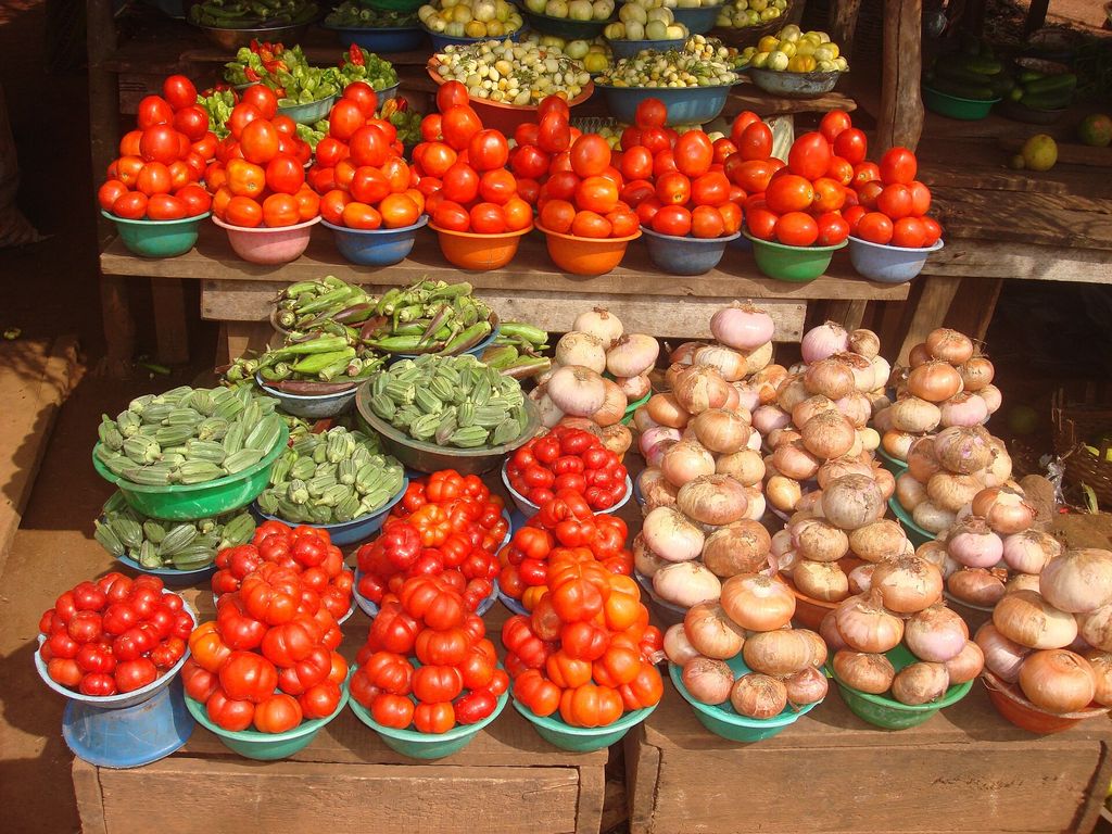 Étal de marché vivrier : tomates, gombos, oignons et piments en bassines, au bord de la route Abidjan–Abengourou, Côte d'Ivoire