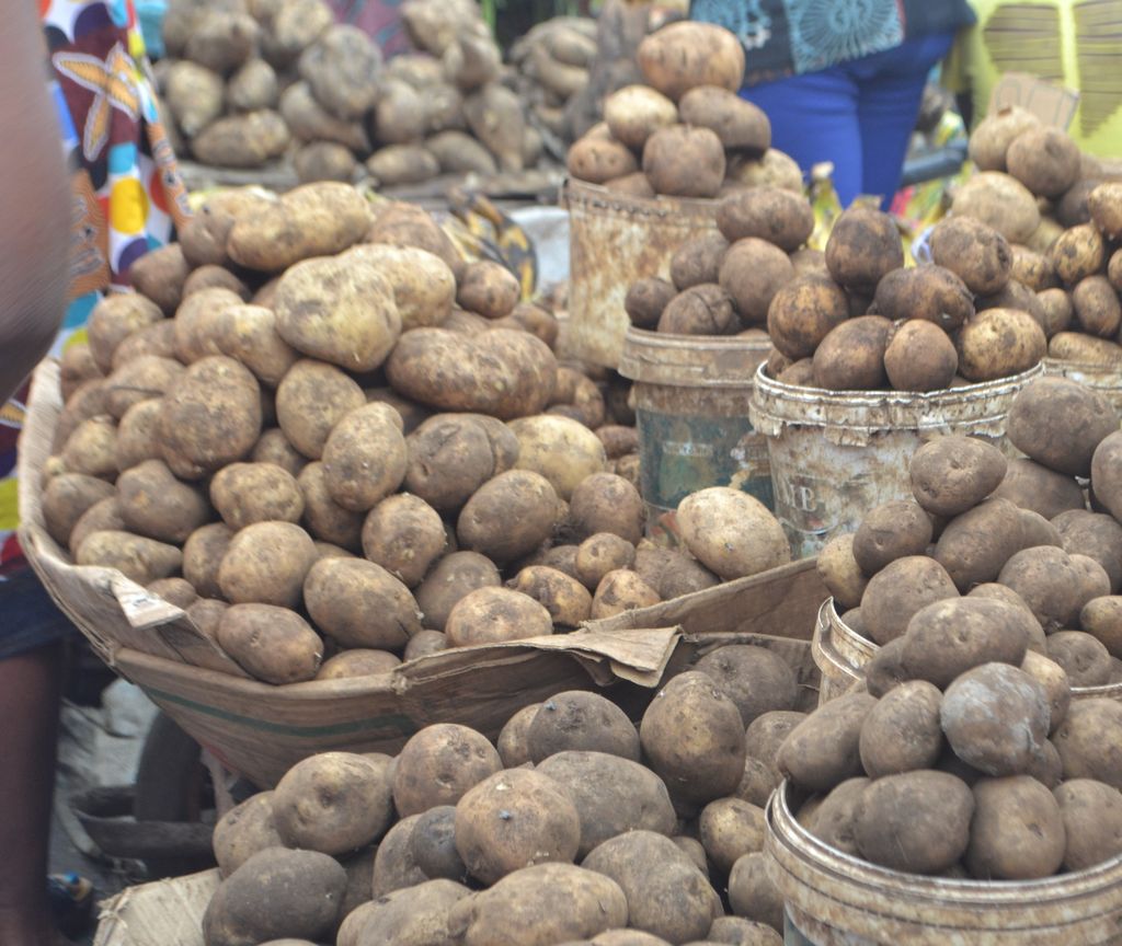 Pommes de terre entassées dans une grande bassine et des seaux sur un étal de marché à Douala, au Cameroun