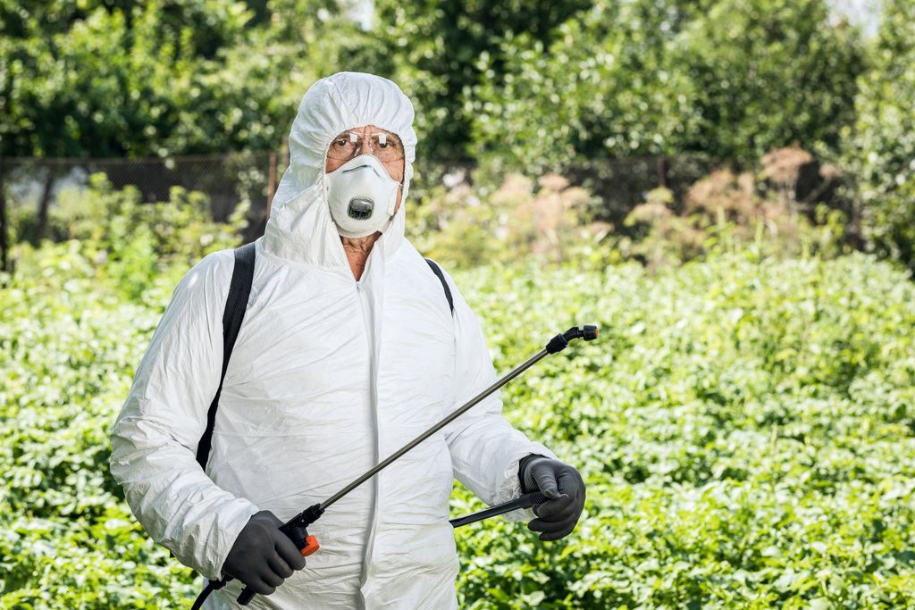 Opérateur en combinaison de protection à capuche, lunettes de protection, masque respiratoire et gants noirs, tenant la lance d'un pulvérisateur à dos devant une culture