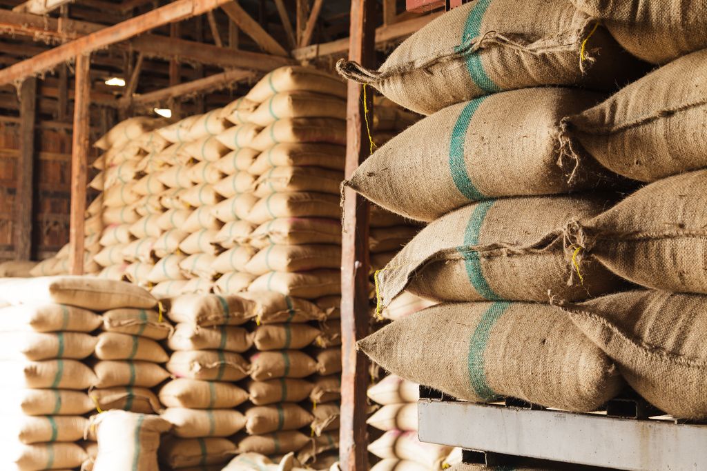 Jute sacks of rice stacked in a warehouse
